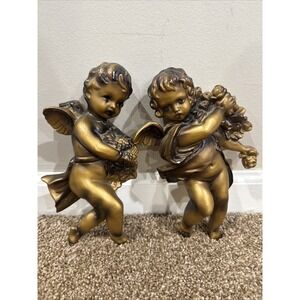 VTG Wall Hanging Winged Cherub Angel Figures Made In Japan MCM Gold Chalkware